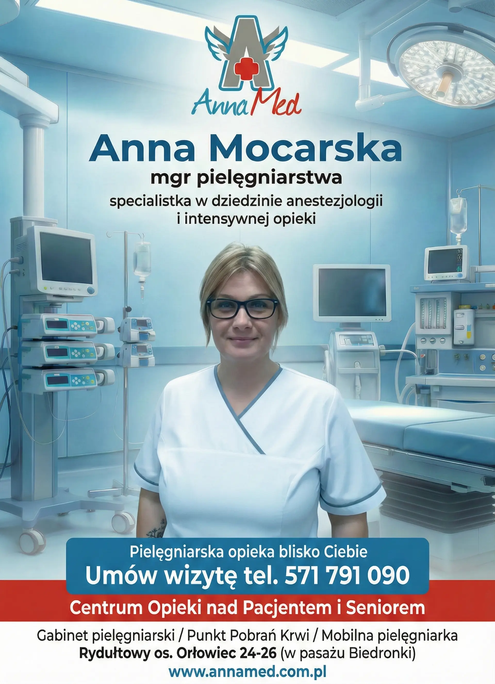 Plakat informacyjny AnnaMed - Anna Mocarska mgr pielęgniarstwa, specjalistka anestezjologii i intensywnej opieki