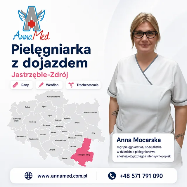 Mapa zasięgu wizyt pielęgniarki z dojazdem AnnaMed – Jastrzębie-Zdrój
