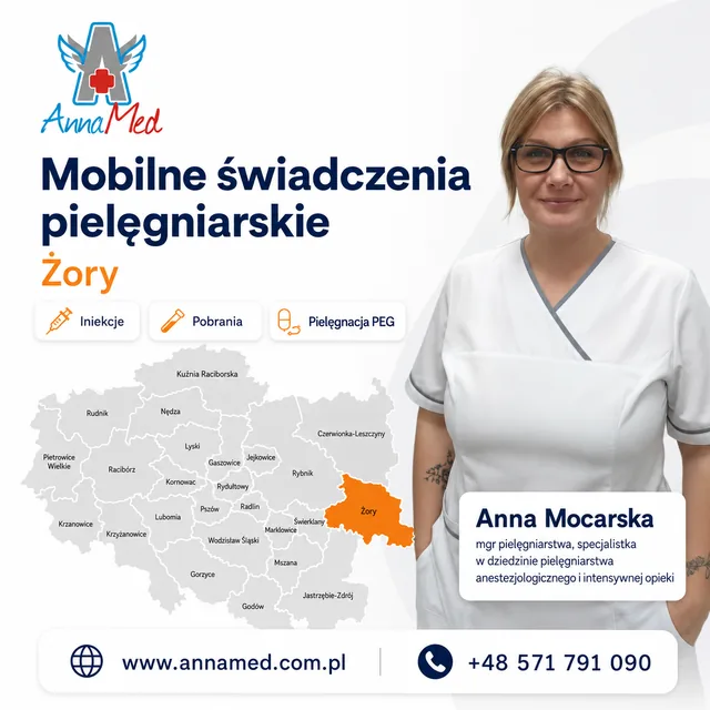 Mapa zasięgu mobilnych świadczeń pielęgniarskich AnnaMed – Żory