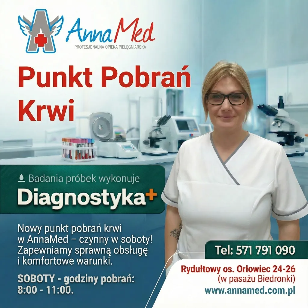 Uśmiechnięta pielęgniarka w punkcie pobrań AnnaMed w Rydułtowach - profesjonalne badania laboratoryjne, godziny otwarcia w sobotę