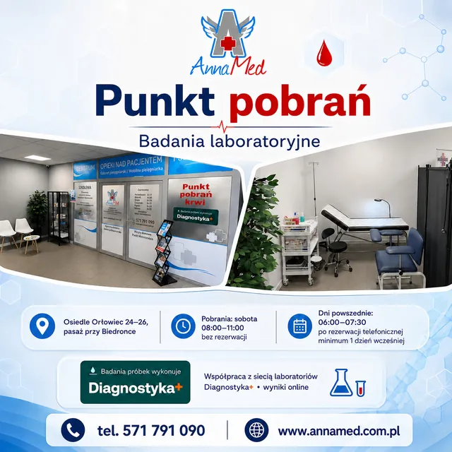 Punkt pobrań AnnaMed w Rydułtowach – wejście, poczekalnia i gabinet pobrań, adres, godziny pobrań i telefon